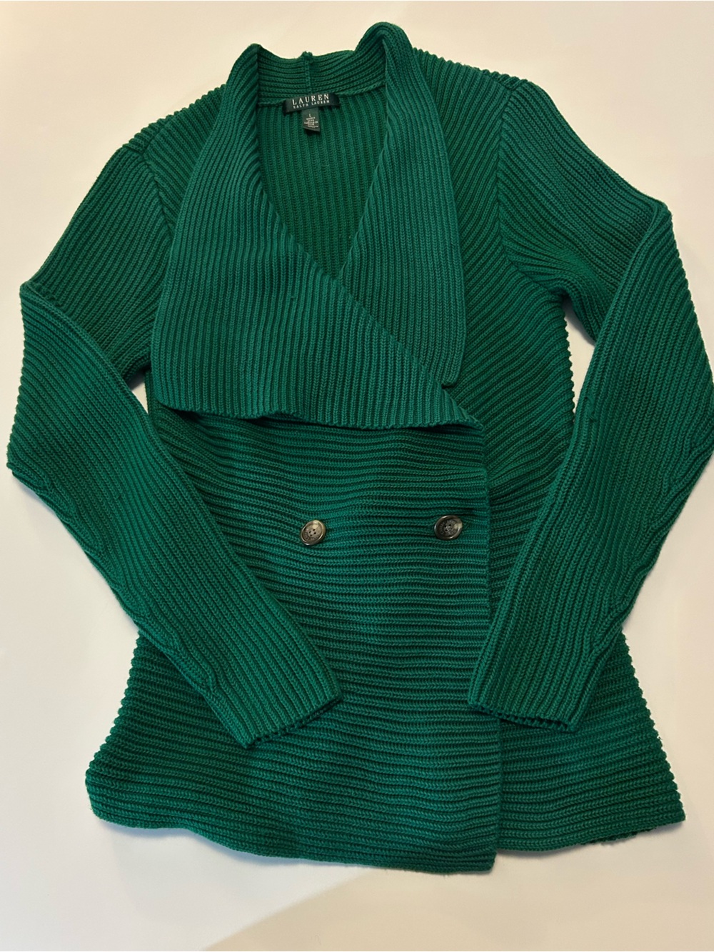 Lauren Ralph Lauren Green Ribbed Shawl-Collar Cardigan Double Breasted SZ L EUC - Picture 3 of 13